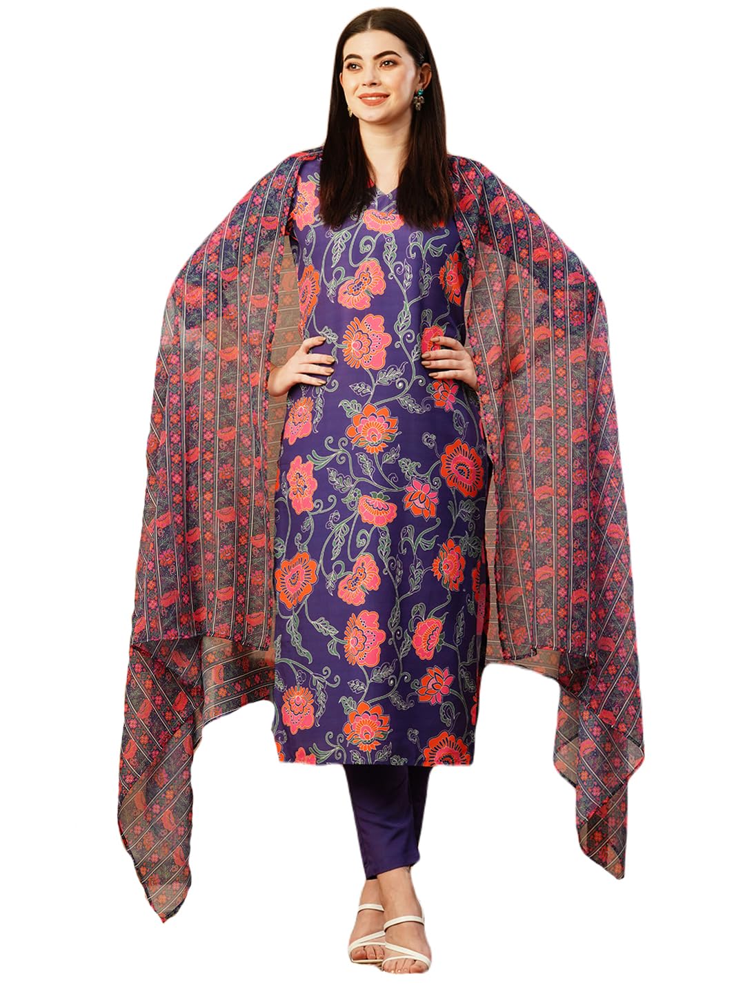 Gosriki Women'S Cotton Blend Straight Printed Kurta With Pant & Dupatta (Fataki Begani-Nw-Gs_M_Violet_Medium),Violet,,B0CTXGVWH2