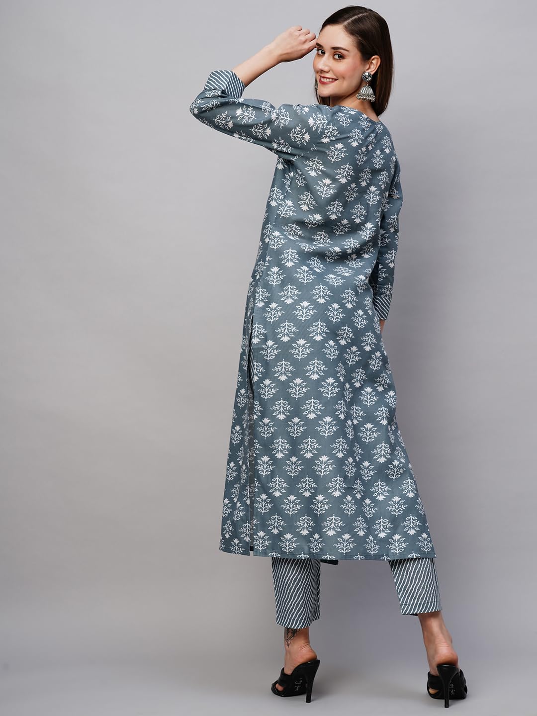 Anni Designer Women'S Cotton Blend Printed Straight Kurta With Pant (Kidya Grey_S_Grey_Small),Grey,S,Cotton Blend,Regular,Kurta & Pant Set