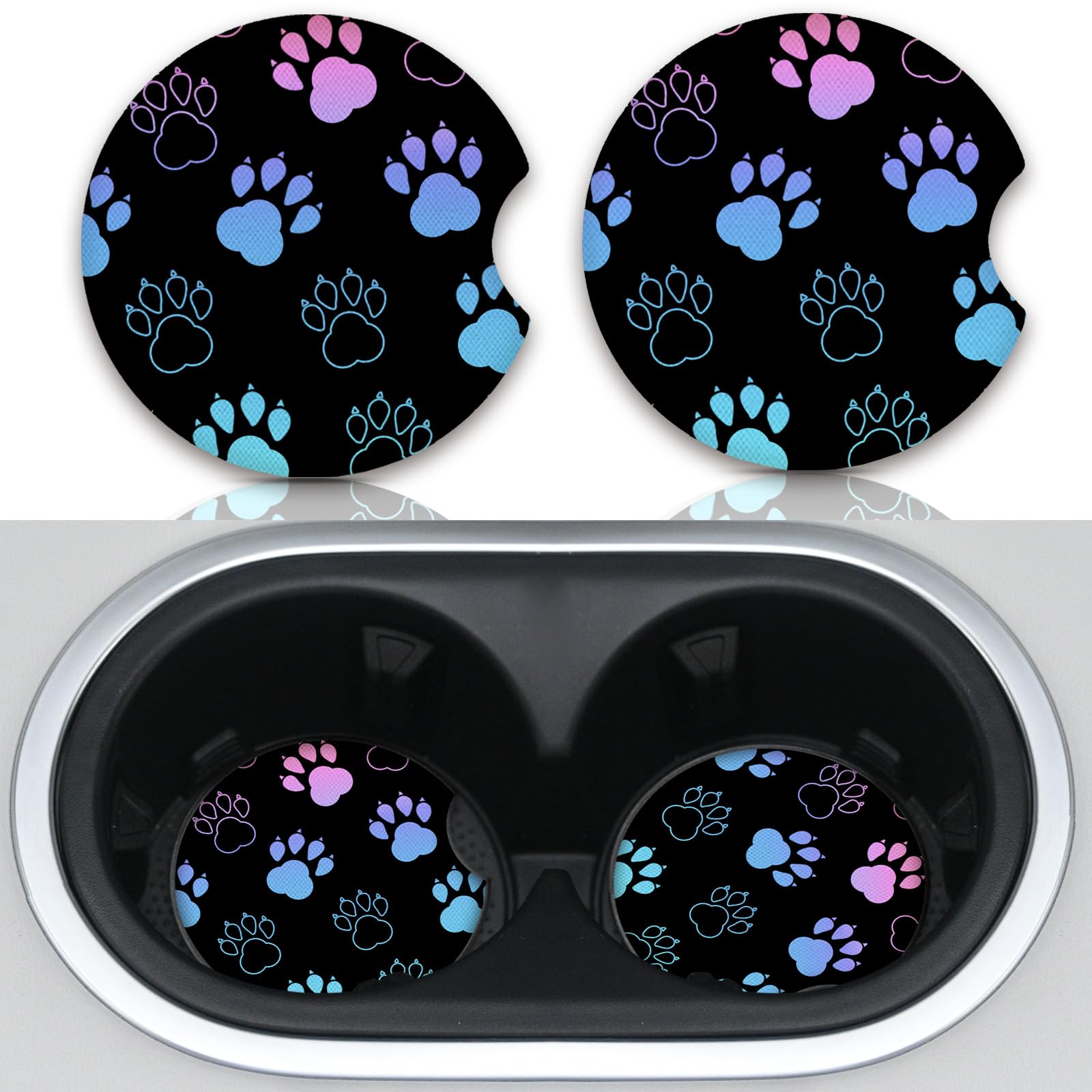 Absorbent Car Coasters for Cup Holders, 2 Pack Universal Neoprene Car Coasters with Finger Slot, Auto Accessories for Women & Me