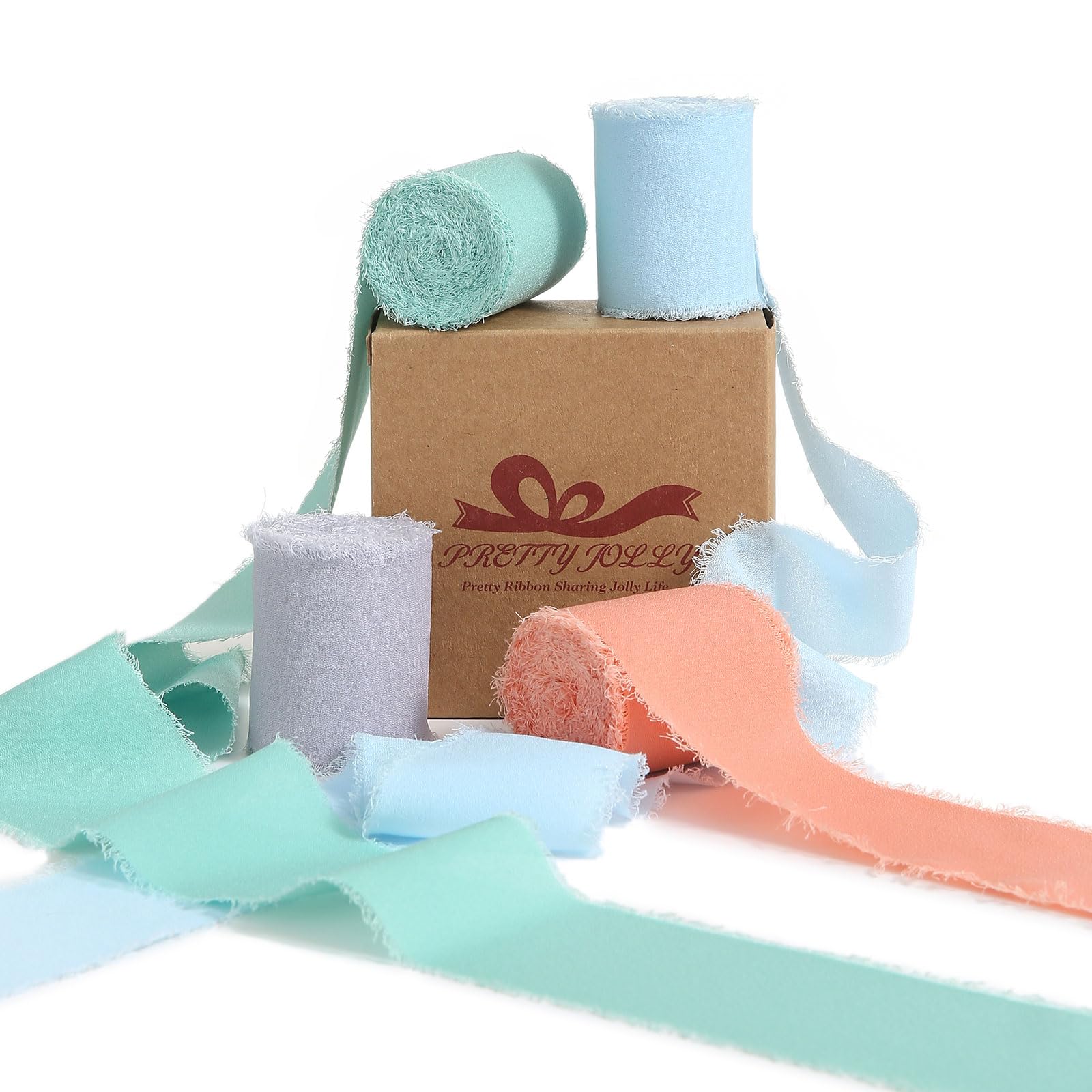 Pretty Jolly Blue Green Grey Orange Chiffon Ribbon for Gift Wrapping 4 Rolls 2 Inch x 5Yd Silk Ribbons Handmade Fringe Fabric Ri