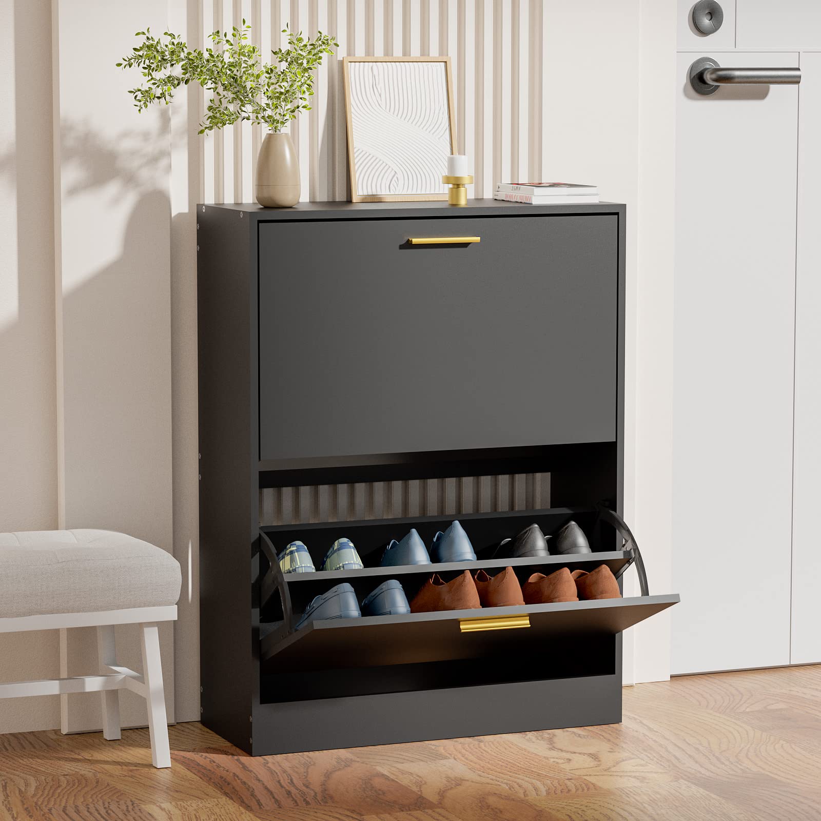 JOZZBY Shoe Cabinet Storage for Entryway, Slim Black Hidden Shoe Organizer Cabinet with 2 Flip Drawers, Wooden Narrow Shoe Rack 