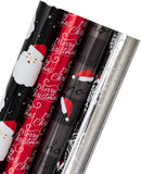 WRAPAHOLIC 30 Inch Christmas Wrapping Paper Roll - Jumbo Roll Black and Red Retro HO HO HO Santa, Silver Snowflake Holiday Collection with Metallic Foil Shine - 4 Rolls - 30 Inch x 120 Inch Per Roll