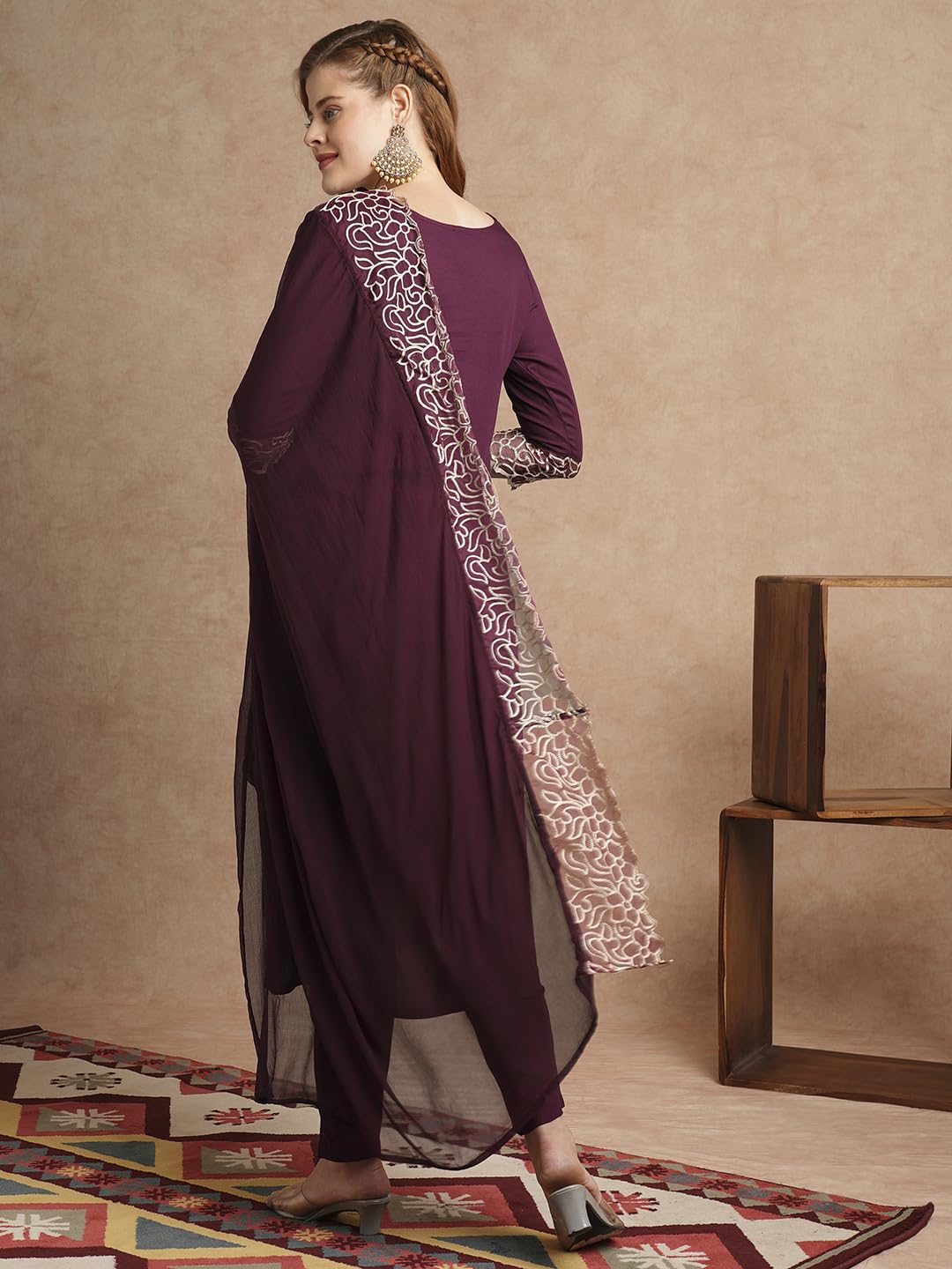 Gosriki Women'S Rayon Blend Straight Embroidered Kurta With Pant & Dupatta (Trp Wine-Vks01-Gs_S_Wine_Small),Wine,,B0DC6KDZYH
