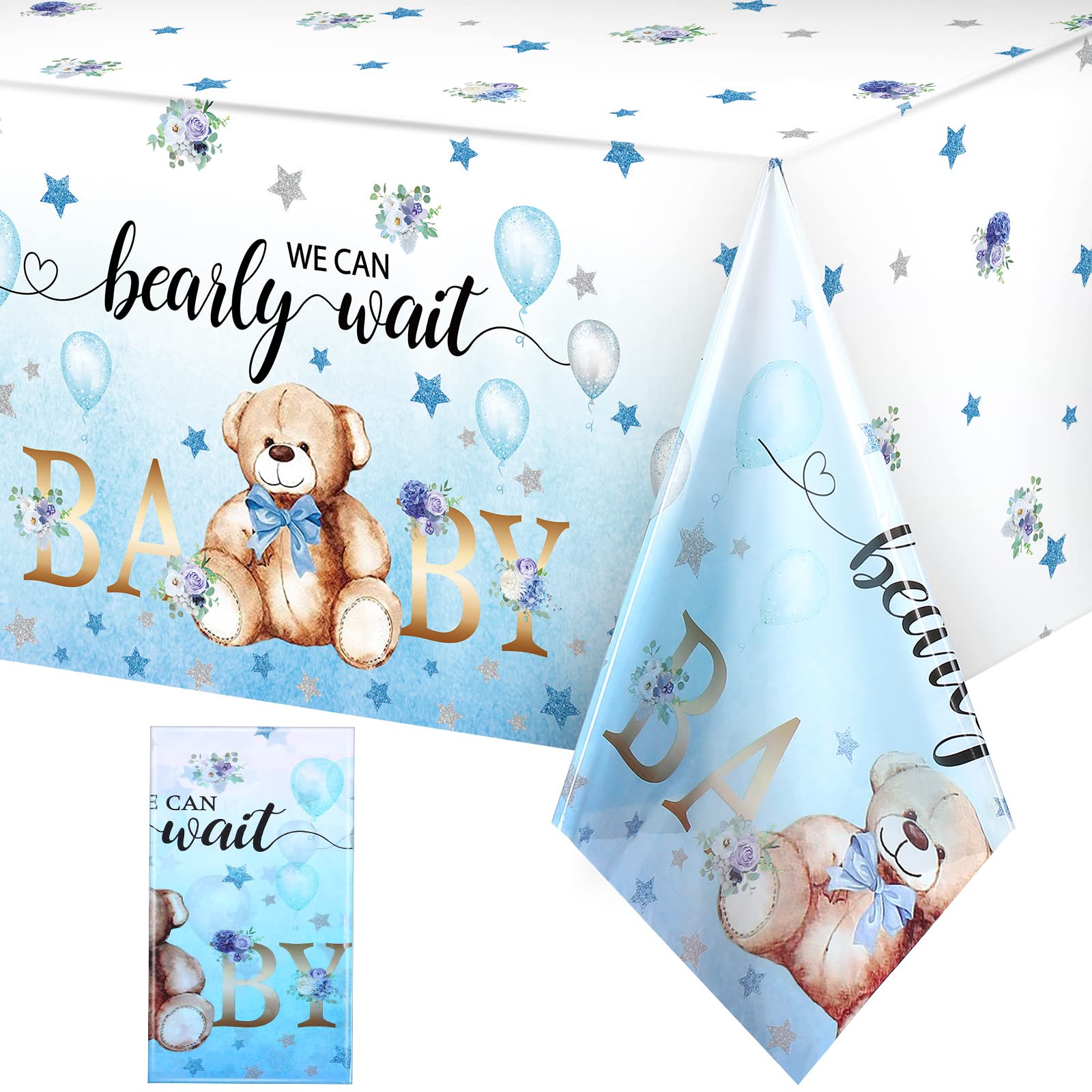 Tegeme Bear Baby Shower Tablecloth Plastic Bear Table Cover We Can Bearly Wait Baby Tablecloth Balloon Star Flower Table Cover f