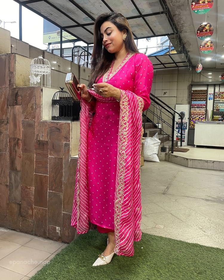 Anni Designer Women'S Rayon Viscose Straight Printed Kurta With Pant & Dupatta (June Pink_S_Pink_Small),Pink,S,,,