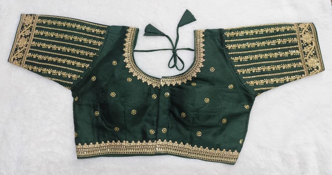 Vihu Fashion Women'S Readymade Blouse Embroidery Multi Coding Gold Thread Indian Ethnic Designer Stitched Readymade Saree Half Sleeve Dark Green Color Blouse For Women For Saree Lehenga Choli Bottle Green 34