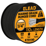 Heavy Duty Bungee Cord Roll, 1/4 x 110ft Marine Grade Outdoor Bungee Cords, Black Super Elastic Shock Cords, Long Cord for Cargo