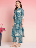 Anni Designer Women'S Rayon Blend Straight Printed Kurta With Pant (Tomsk Teal_S_Teal_Small),Teal Blue,S,Rayon Blend,Anarkali,