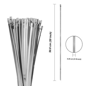 100 Pcs 20 Inch Metal Zip Ties Heavy Duty, Stainless Steel Cable Ties Metal Tie Wraps, 304 Stainless Steel Zip Ties with 200 Lbs
