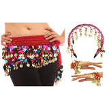 Vritraz WomenS Chiffon Belly Dance Hip Scarf Waistband With Headband And Cuff Braclet, Mixed Colors Beads And Golded Coins 56 R