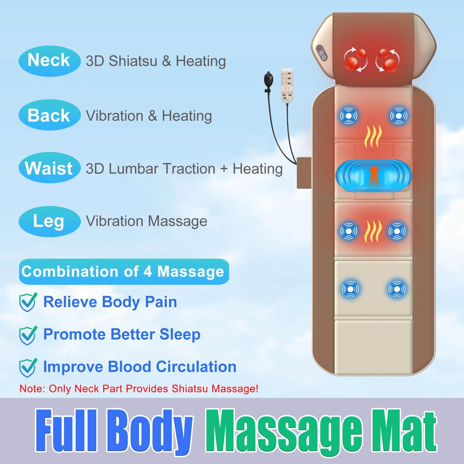 Shiatsu Full Body Massage Mat with Heat, Movable Shiatsu Neck Massager, 3D Lumbar Traction & Relaxation, 6 Vibrating Motors, for