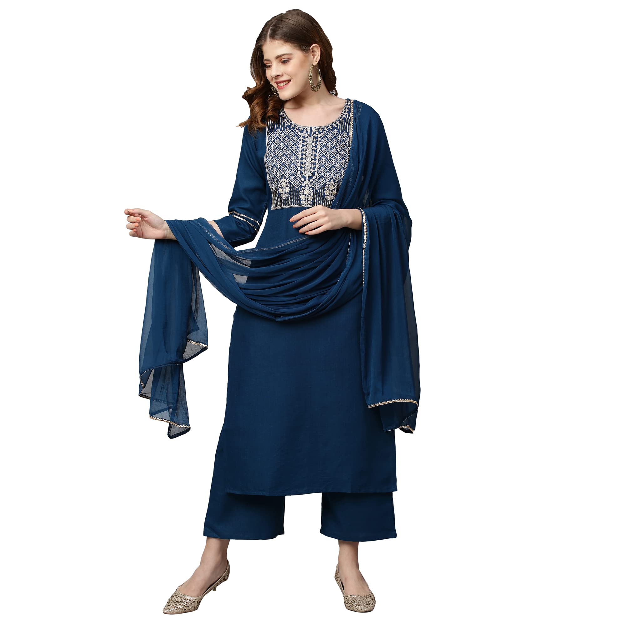 Anni Designer Women'S Cotton Blend Straight Embroidered Kurta With Pant & Dupatta (Mahuni) Blue,Blue,L