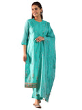 Libas Womens Embroidered Silk Blend Straight Kurta With Trousers And Dupatta Turquoise Blue