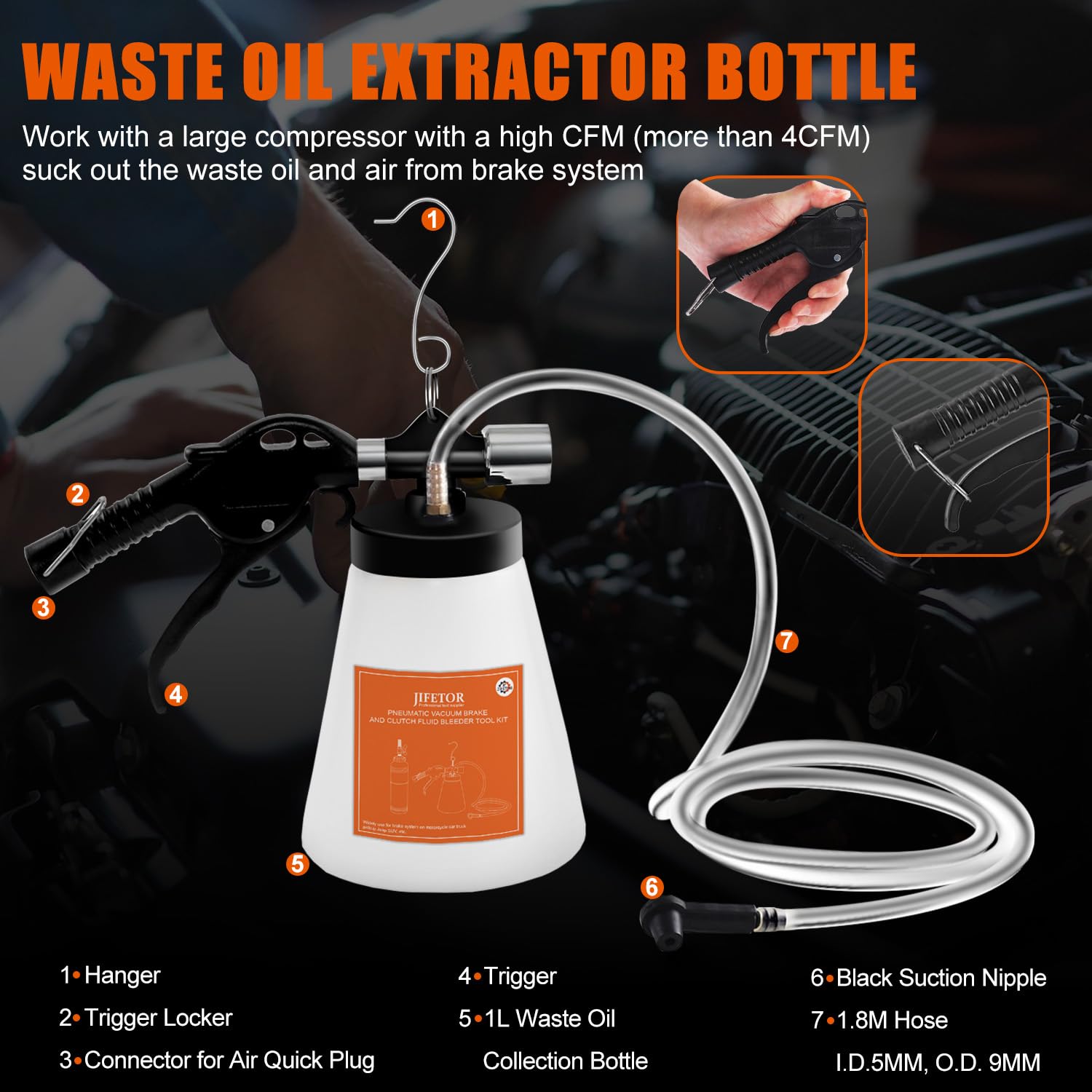 JIFETOR Pneumatic Vacuum Brake and Clutch Fluid Bleeder Tool Kit, Car Truck Motorcycle Brake Oil Change Set with Extractor and R