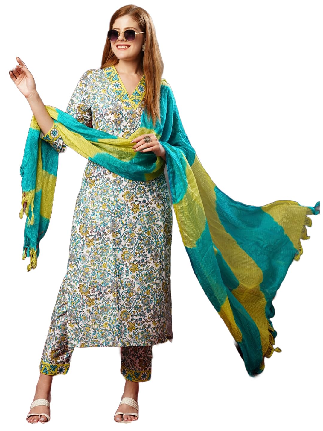 Anni Designer Women'S Rayon Blend Printed Straight Kurta With Pant & Dupatta (Sthula Multi-Jl_L_Green_Large),Green,L,,,