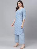 Idalia Sage Blue Printed Straight Cotton Kurta And Palazzo Set For Women Saga Blue Xl