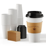 LITOPAK 100 Pack Disposable Coffee Cups with Lids and Kraft Sleeves, 16 oz White Coffee Cups for Hot Drinks