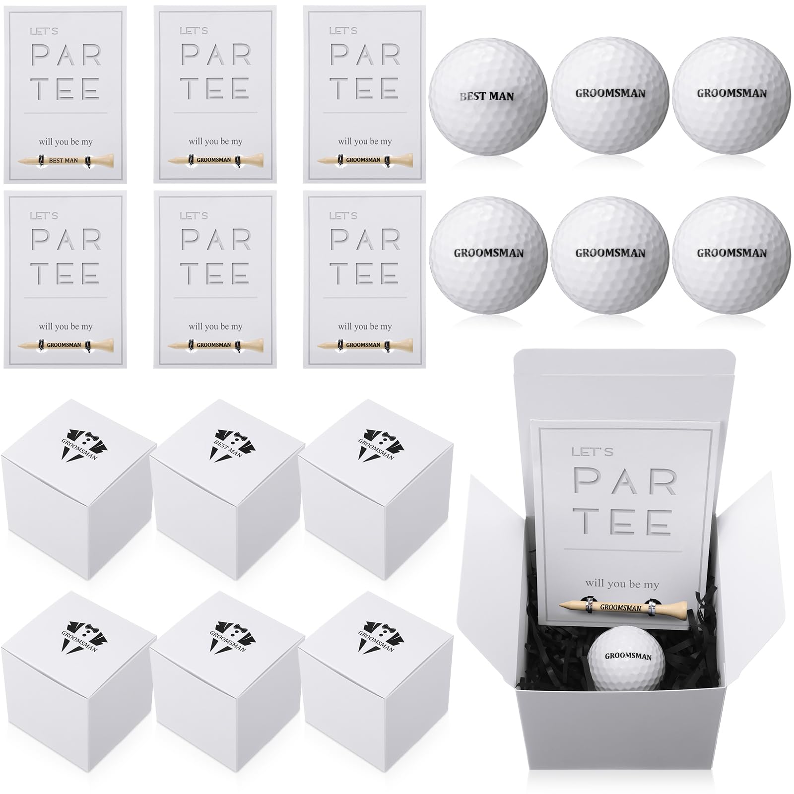 WinnerWhy 6 Sets Groomsman Proposal Gift Box With Golf Ball, Bamboo Tees, Invitation Cards - Accessories for Wedding, Best Men, 