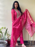Gosriki Women'S Cotton Blend Straight Printed & Embroidered Kurta With Pant & Dupatta (Radha Rani-Gs_M_Pink_Medium),Pink,,B0CBPS59SZ