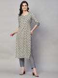 Anni Designer Women'S Cotton Blend Straight Printed Kurta With Pant (B12 Cream_L_Cream_Large),Cream,L,,,