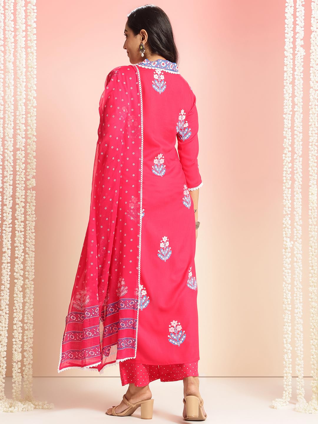 Anni Designer Women'S Rayon Viscose Printed Straight Kurta With Pant & Dupatta (Belagavi Pink-Vks05_Xl_Pink_X-Large),Pink,XL,Rayon,Regular,