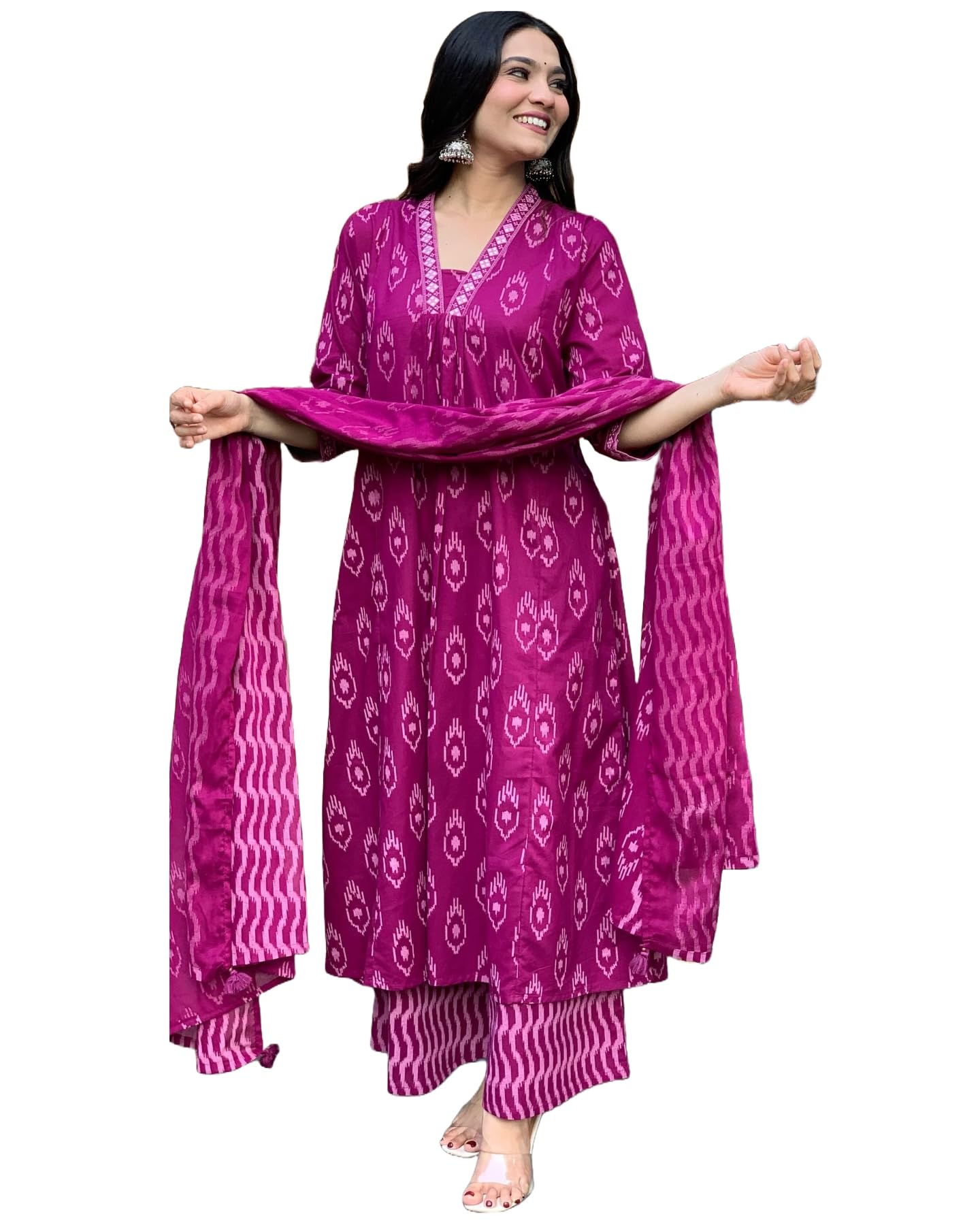 Anni Designer Women'S Rayon Viscose Printed Anarkali Kurta With Palazzo & Dupatta (Dipa Rani_M_Pink_Medium),Pink,M