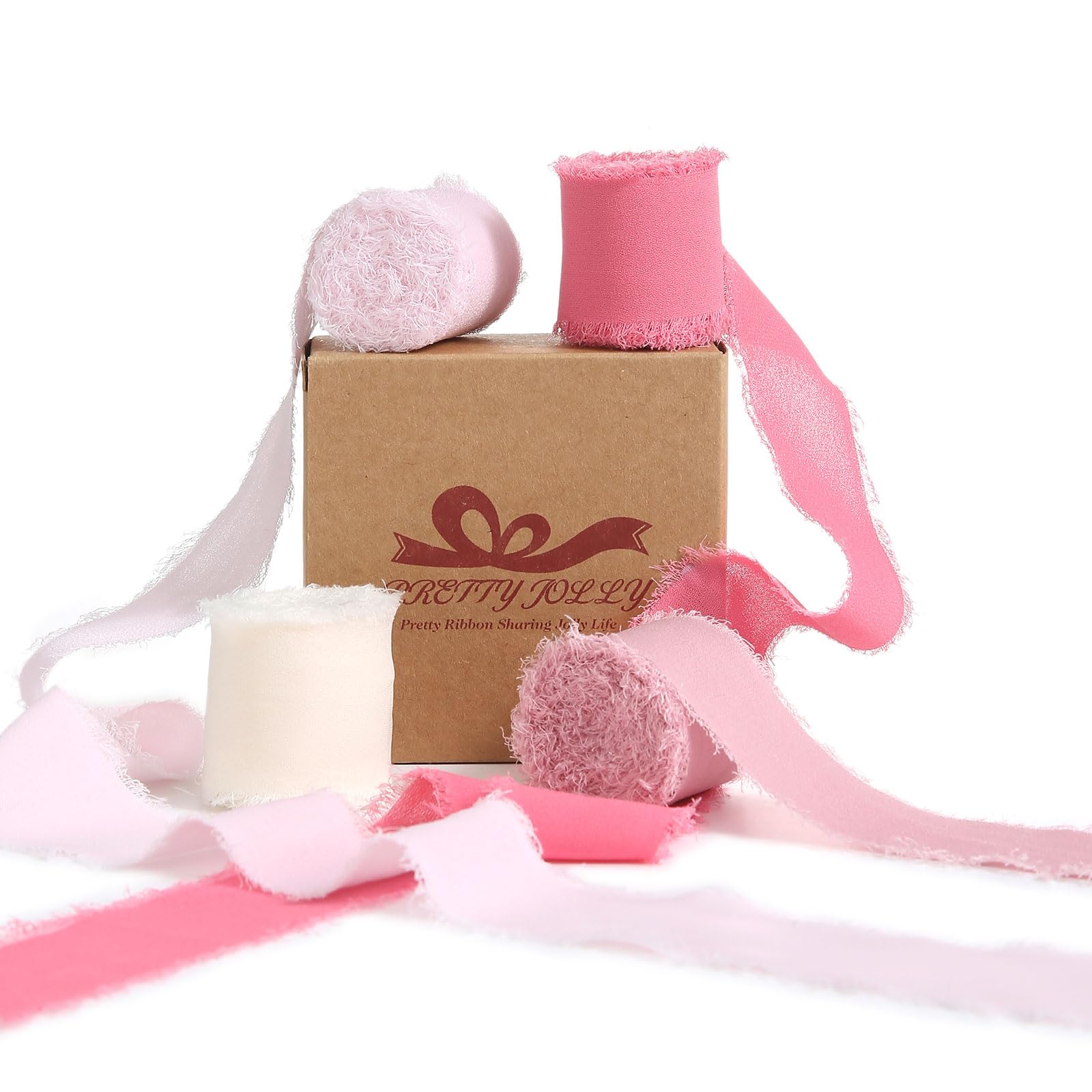 Pretty Jolly Pink Set Chiffon Ribbon for Gift Wrapping 4 Rolls 1 1/2 Inch x 5Yd Silk Ribbons Handmade Fringe Fabric Ribbon for F