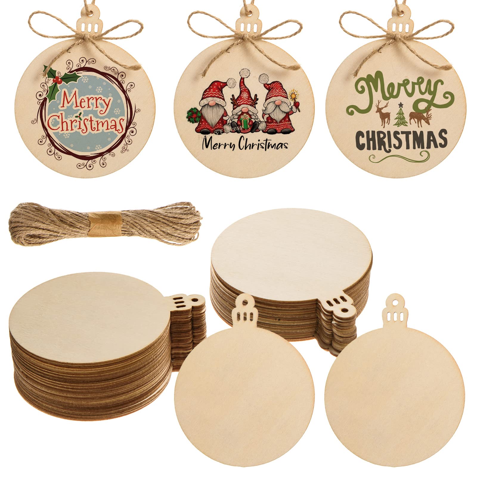 72 Pcs Wooden Christmas Ornaments Unfinished Wooden Circles with Holes Round Wood Discs Slices Blank Wood Christmas Tags with Tw