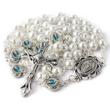 HanlinCC Glass Pearl Beads with Miraculous Epoxy Heart Metal Beads Rosary Necklace pack in Velvet Gift Bag with Rosary Pray Card