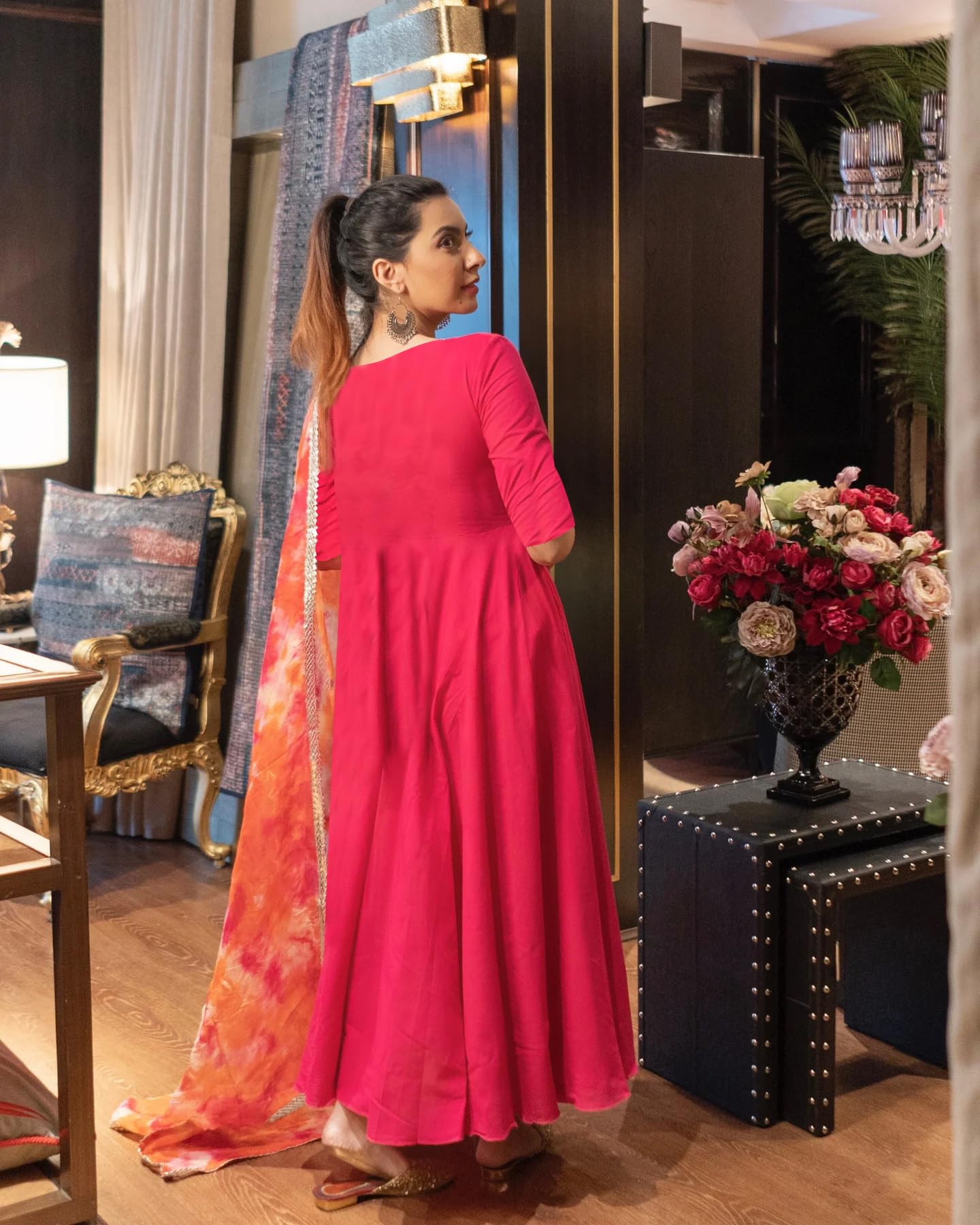 Anni Designer Women'S Rayon Blend Anarkali Solid Kurta With Pant & Dupatta (Bette Pink_S_Pink_Small),Pink,S,Rayon Blend,Anarkali,