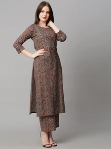 Gosriki Women'S Cotton Blend Traditional Straight Printed Kurta And Palazzo Set (Janar Dark Brown_L-Gs_Dark Brown_Large),Dark Brown,,B0BJ31HVBV