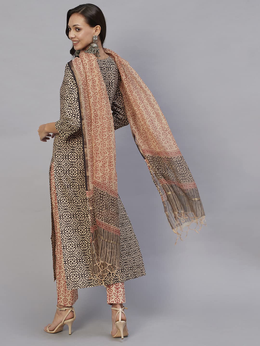 Anni Designer Women'S Cotton Blend Straight Printed Kurta With Pant & Dupatta (Hand Black-Cmd_Xxl_Black_Xx-Large),Black,2XL,Cotton Blend,Regular,Kurta, Scarf