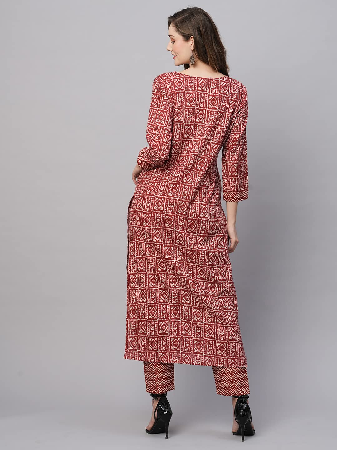 Anni Designer Women'S Cotton Blend Straight Printed Kurta With Pant (Yami Red-Jsw_S_Red_Small),Red,S,Cotton Blend,Regular,Kurta