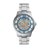 Fossil Mens Townsman Automatic Stainless Steel and Leather Three-Hand Skeleton Watch, Color: Silver/Pacific Blue Indices (Model