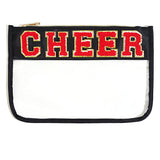 Jeffan 1 Pieces Black Cheer Gifts Chenille Letter Cheer Bags Patch Makeup Bag Flat Clear Pouch Cheerleading Gifts for Girls Chee