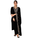Libas Womens Embellished Velvet Straight Kurta With Trousers And Dupatta