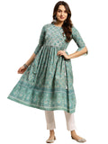 rangita Teal Cotton Calf Length Printed Flared Kurti for Women | Kurta for Women_4XL
