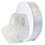 Morex Ribbon Swirl Wired Sheer Glitter Ribbon 11/2 inch by 50 Yards, White/Silver