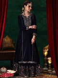 Libas Womens Embroidered Velvet Straight Kurta With Skirt And Dupatta Blue M