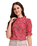 Wedani Women'S Casual Trendy Floral Top With Short Puffed Sleeves Western Ruffled Collar Poly Rayon Dark Pink,Dark Pink,S