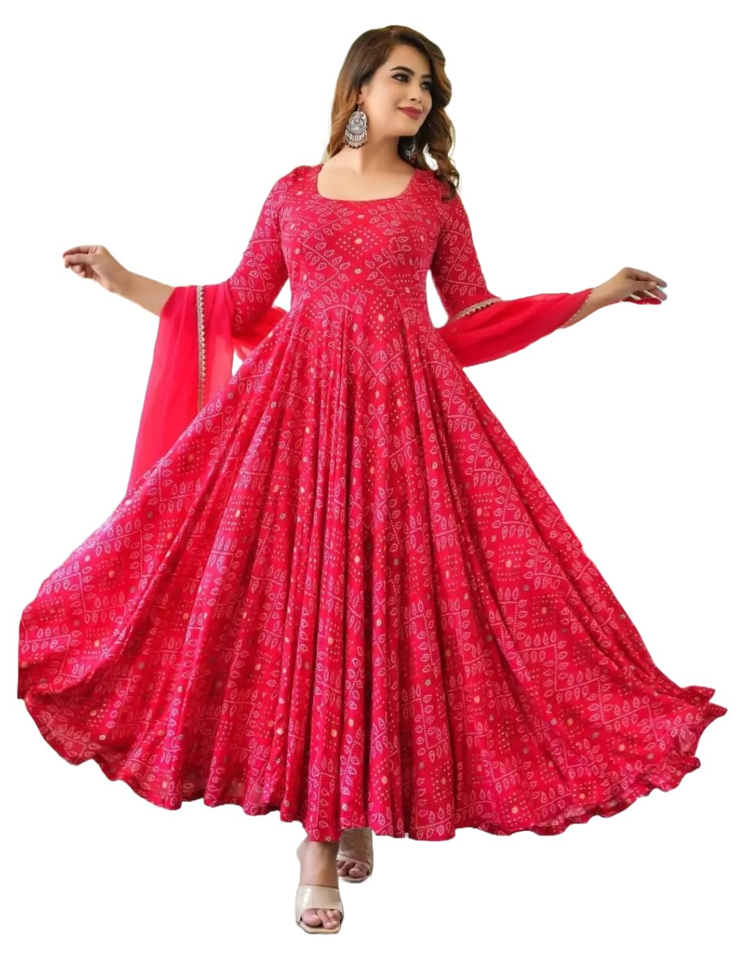 Gosriki Women'S Rayon Blend Anarkali Printed Kurta With Pant & Dupatta (Elegant Pink-Gs_S_Pink_Small),Pink,,B0DD78NHBG