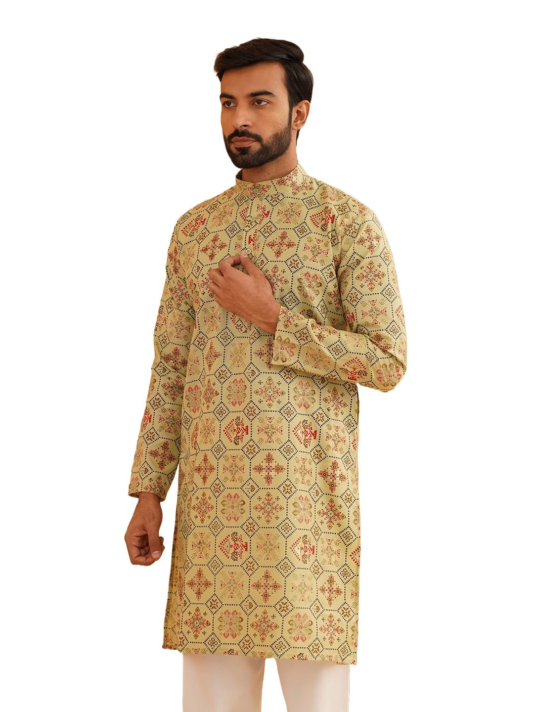 Sojanya (Since 1958 Men'S Cotton Linen Pista Green & Multi Print Only Long Kurta