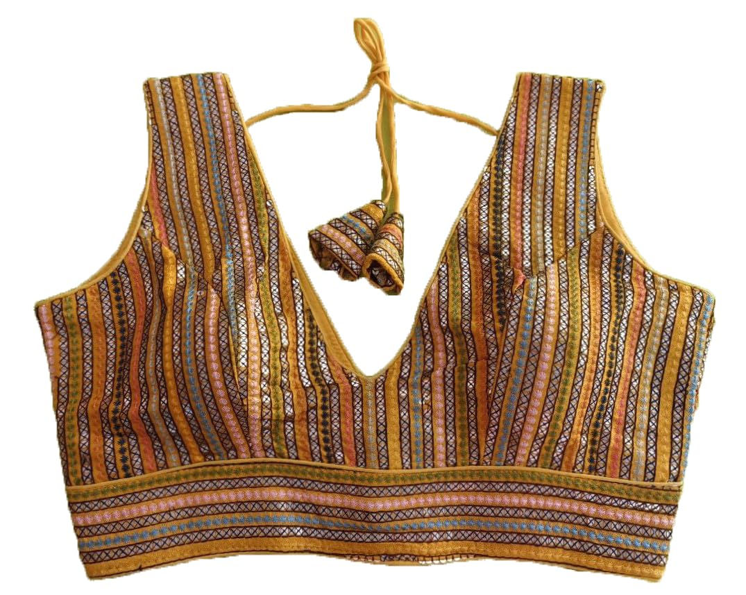 Vihu Fashion Women's Sleeveless Readymade sabyasachi Pattern V Neck Blouse Embroidery Work with Sequence Blouse Indian Ethnic we