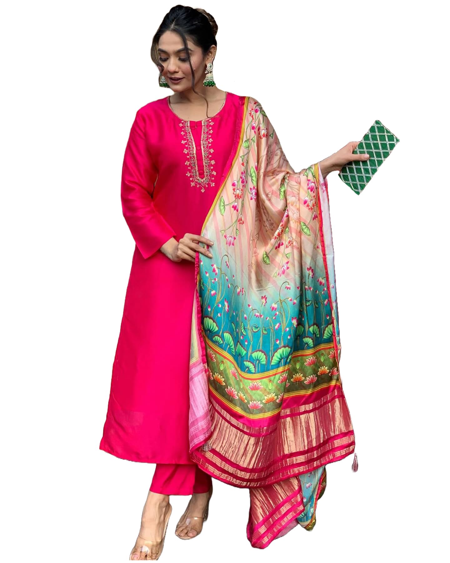 Anni Designer Women'S Rayon Blend Embroidered Straight Kurta With Pant & Dupatta (Ocb Pink_3Xl_Pink_Xxx-Large),Pink,3XL
