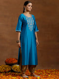 Libas Women'S Silk Floral Regular Kurta (G2736_Blue Blue Xl