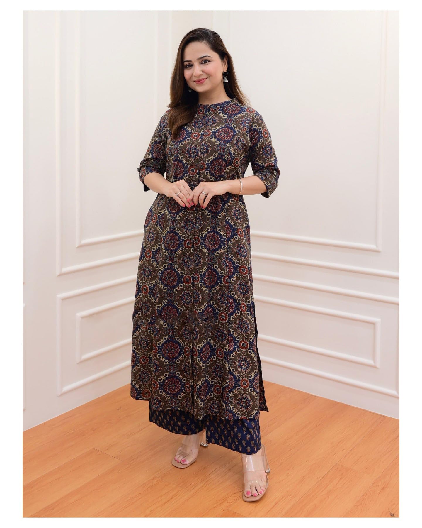 Gosriki Women'S Cotton Blend Straight Printed Kurta With Palazzo (Abp Blue-Gs_S_Blue_Small),Blue,,B0CNXSKGHN
