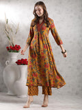 Anni Designer Women'S Rayon Blend Anarkali Printed Kurta With Palazzo & Dupatta (Cia Yellow-Vks05_S_Yellow_Small),Yellow,S,Rayon Blend,Classic,