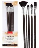 Isomars Studium Extra Long Handle Artist Brush Set Of 5 For Acrylic Watercolor Oil Painting With Fan, Flat, Filbert, Angular And