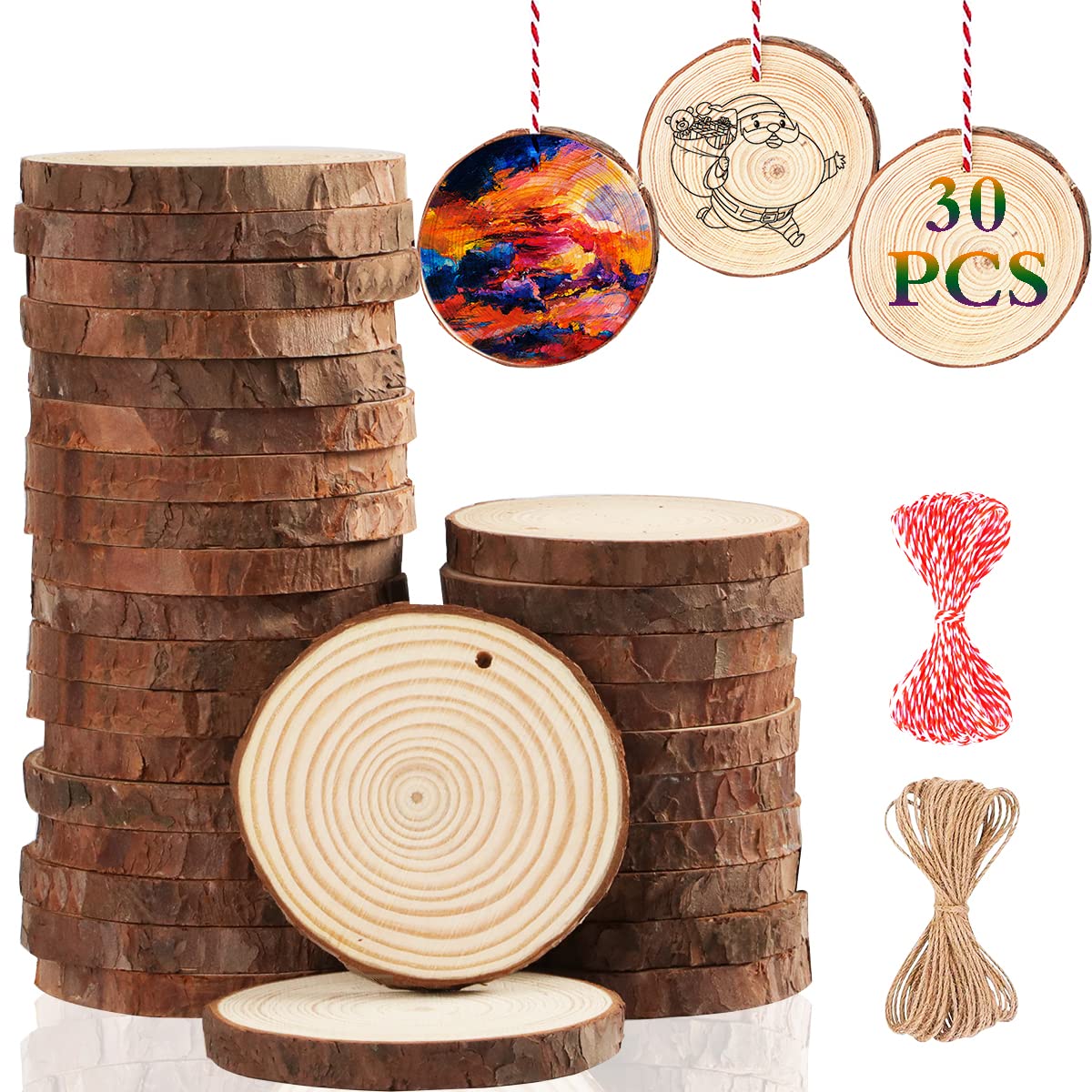 Artmag Natural Wood Slices 30pcs 2.8-3.1 Unfinished DIY Crafts Predrilled with Hole Round Wooden Circles for Arts Rustic Wood Sl
