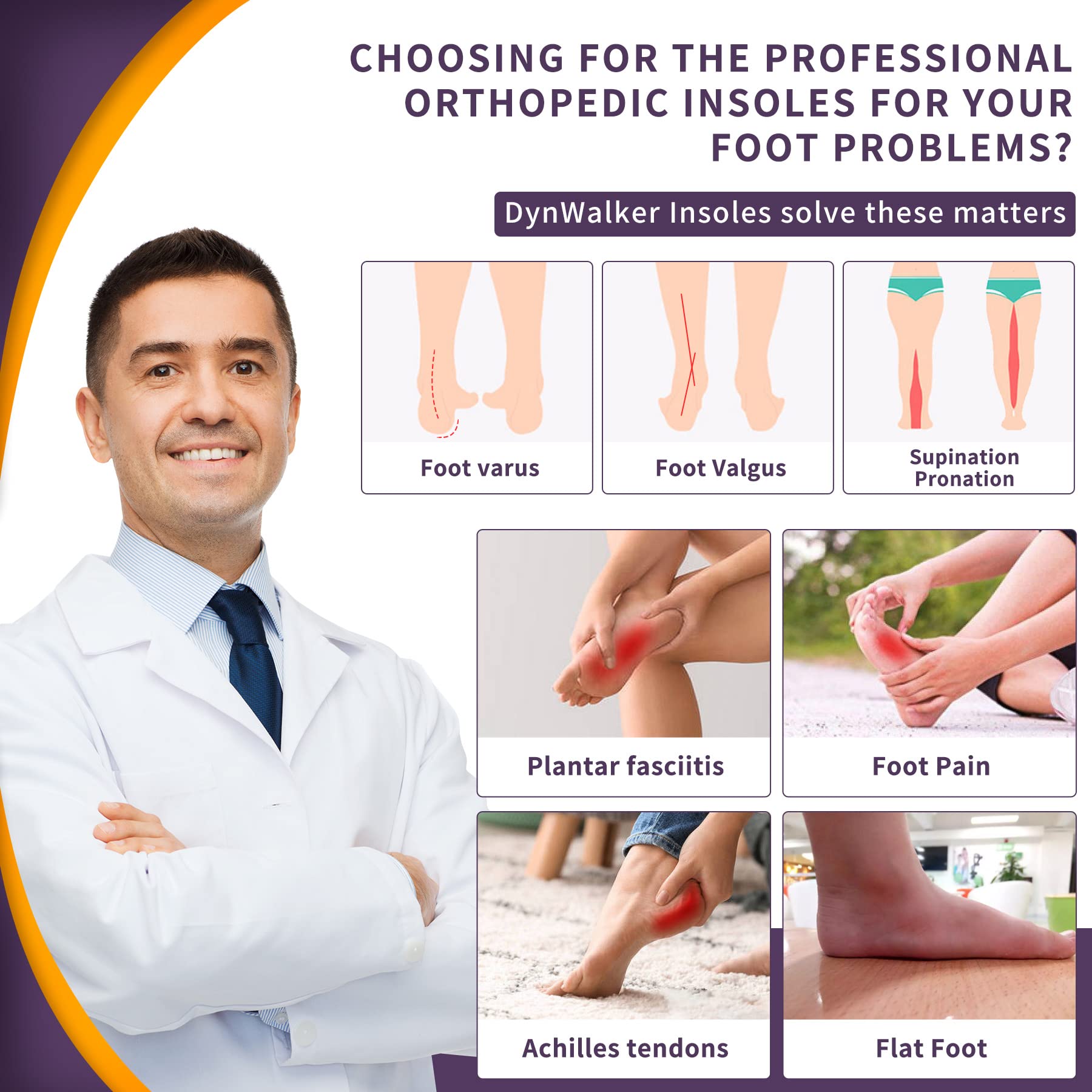 Orthotics for Plantar Fasciitis, DynWalker Arch Support Inserts, Prevent High Arches, Flat Feet, Metatarsalgia, Bone Spur, M